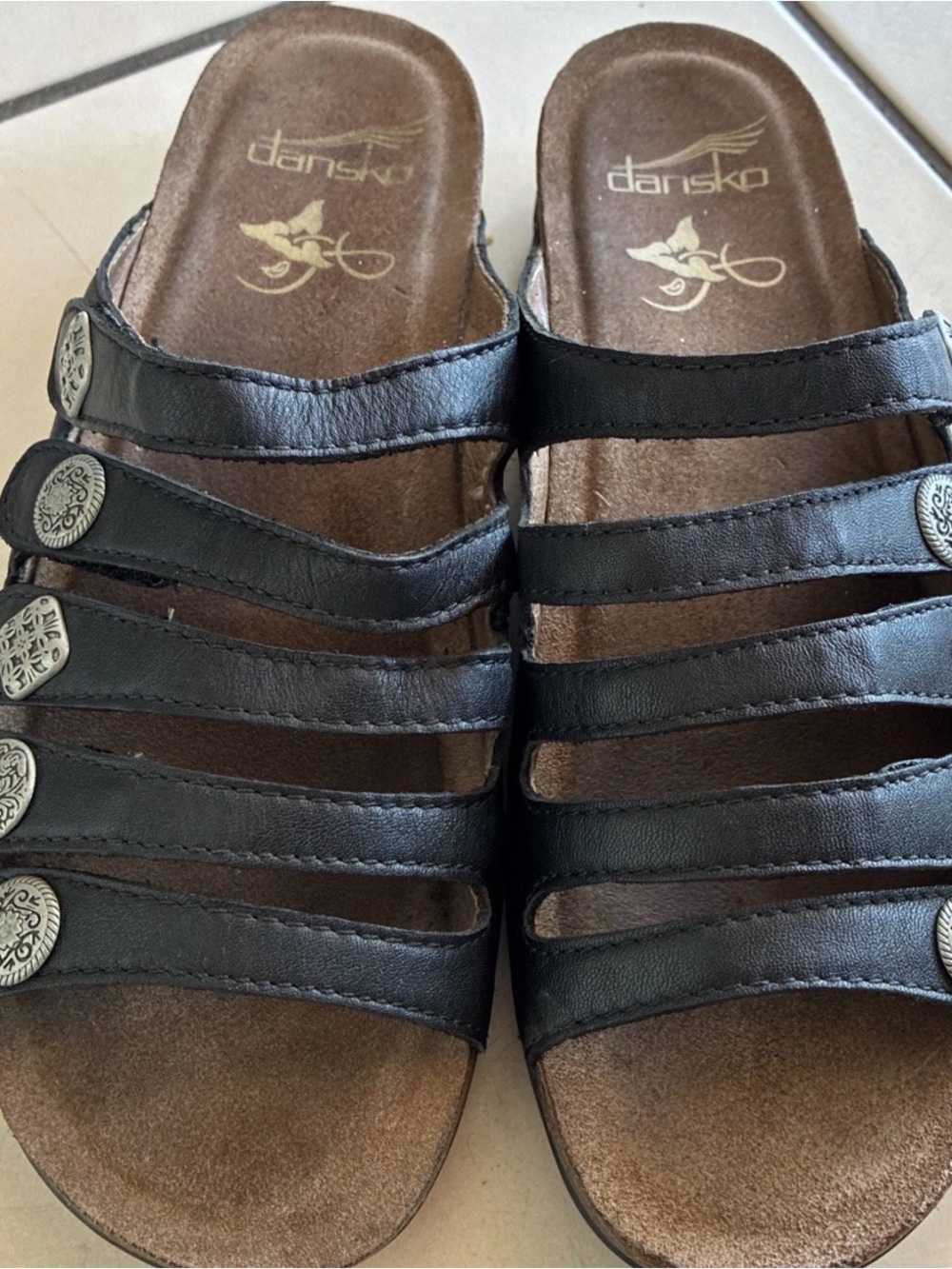 Dansko Janie Sandals Women's EU 38/US 7.5-8 Black Leather Cork Slides Silver EUC - Picture 3 of 9